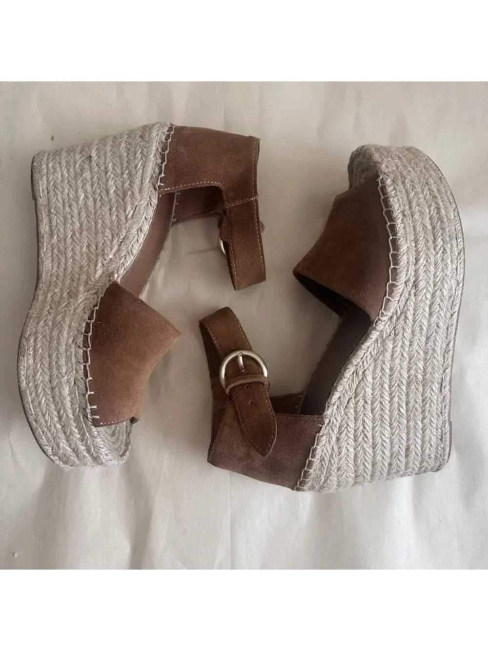 Marc Fisher Espadrille Wedge Women 9 Brown Platform Ankle Strap Leather Sandal